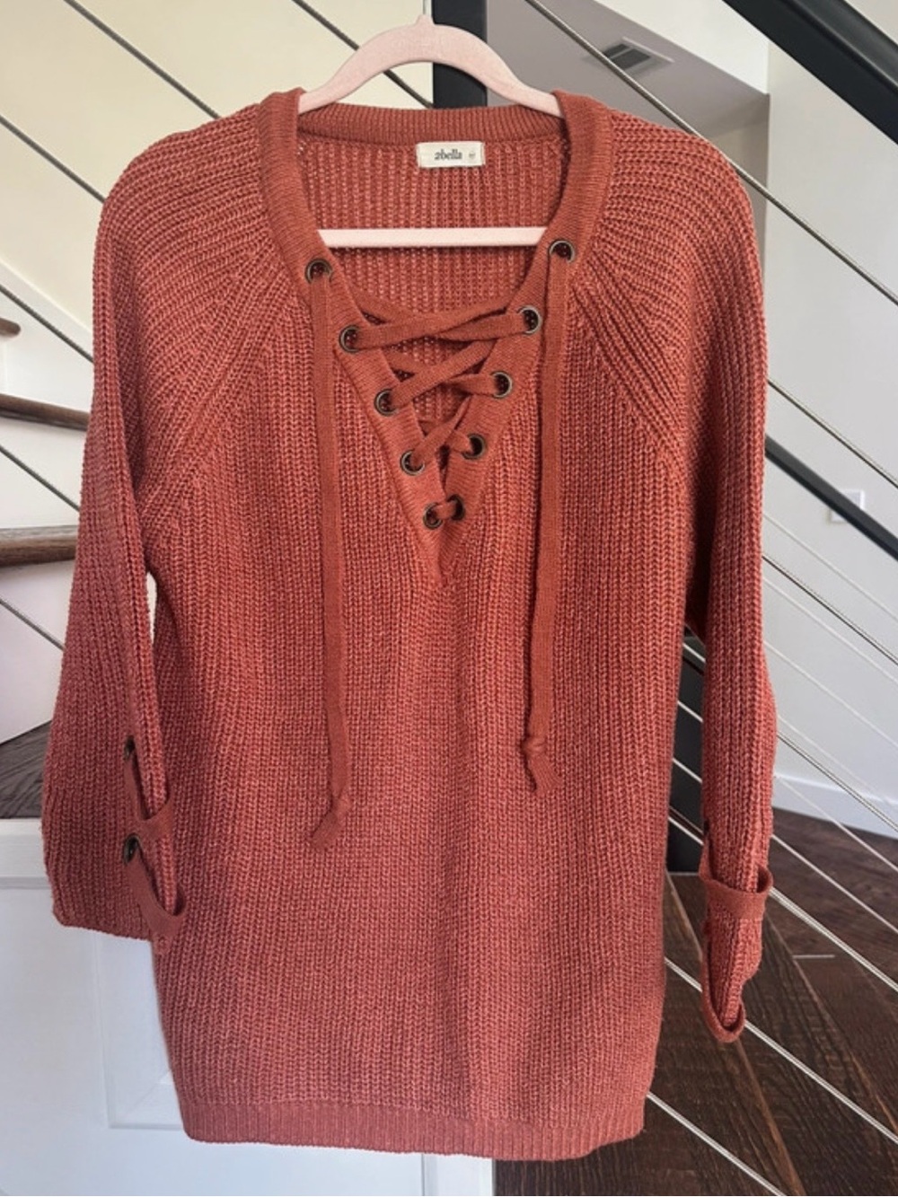 2Bella Rust Terracotta Lace Up Knit Sweater Long Sleeve | Size:M/L